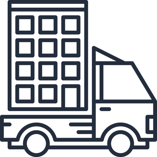 Local Movers Ireland 4 A stylized line drawing of a small moving truck carrying a multi-story building, suggesting relocation or commercial moving services. The truck is depicted in motion, with speed lines beside it.