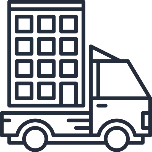 A stylized line drawing of a small moving truck carrying a multi-story building, suggesting relocation or commercial moving services. The truck is depicted in motion, with speed lines beside it.