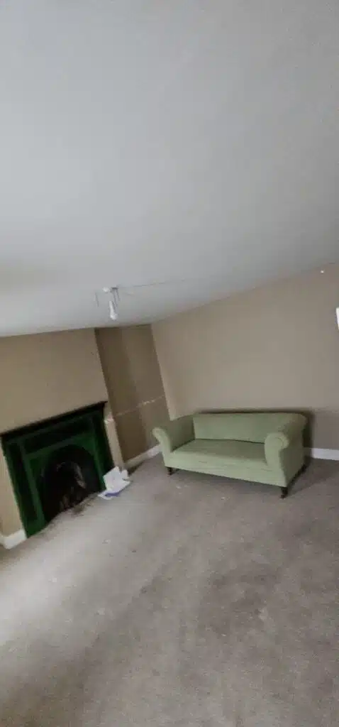 A light green sofa sits in an empty room with beige walls, a gray carpet, and a dark green fireplace, reminiscent of a scene from a house relocation case study.