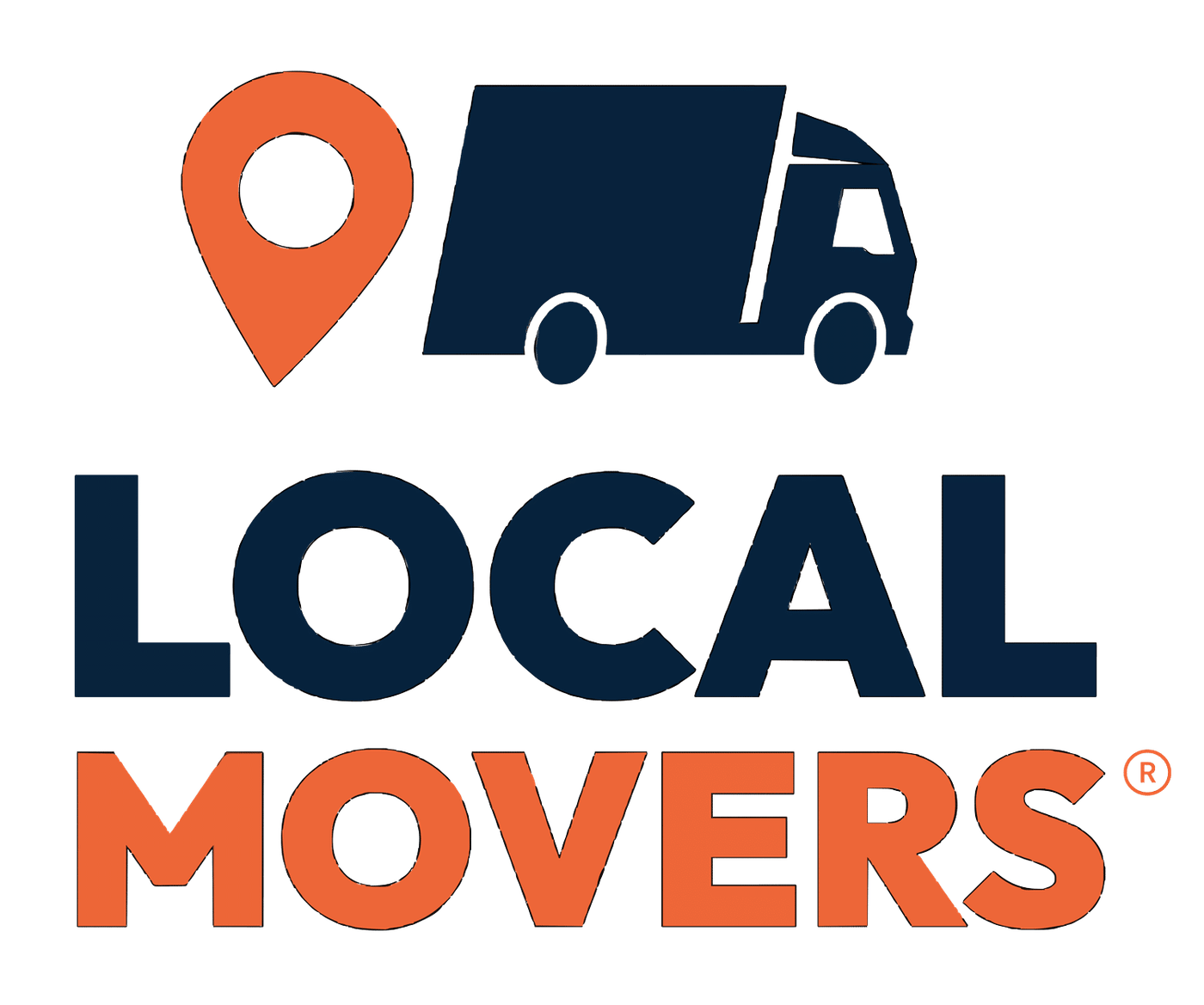 Logo for Local Movers: a navy blue truck and orange location pin above bold navy and orange text reading "LOCAL MOVERS".
