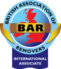 Logo for the British Association of Removers, an International Associate, featuring a globe with the UK highlighted and the text "BAR" prominently displayed.