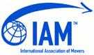 The blue logo of the International Association of Movers (IAM) features a stylized globe and an upward-sweeping arrow, symbolizing global reach and progress in the moving industry.