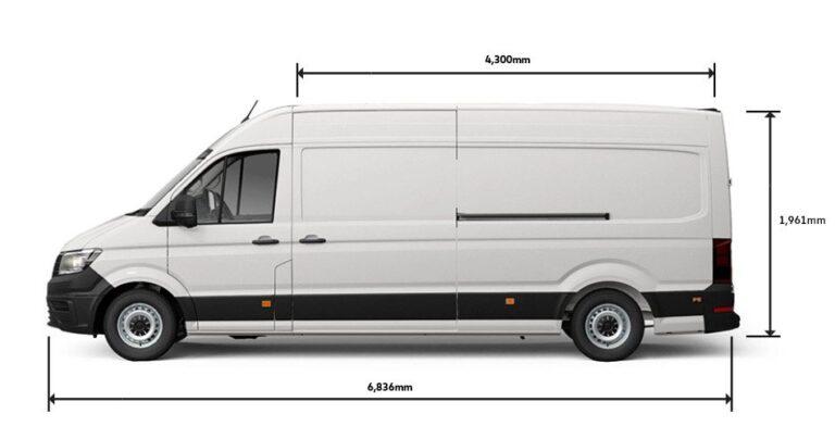 White panel van with dimensions indicated: 6.836m length, 1.961m height, and 4.300m wheelbase. This spacious van is ideal for local movers needing to transport goods efficiently.