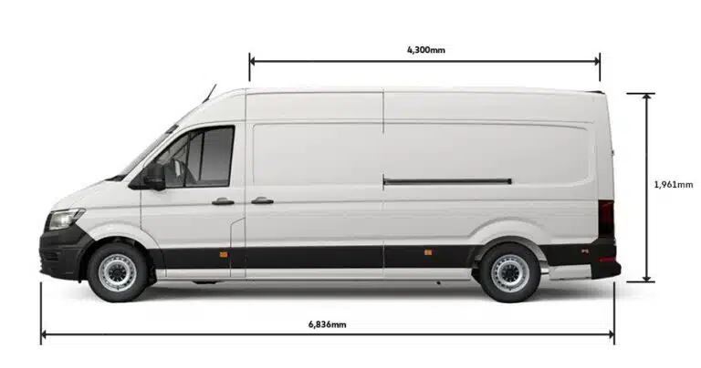 White panel van with dimensions indicated: 6.836m length, 1.961m height, and 4.300m wheelbase. This spacious van is ideal for local movers needing to transport goods efficiently.