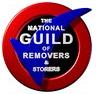 Logo for The National Guild of Removers & Storers, featuring the guild's name in white text on a black circular background, framed by a red ring and a blue swoosh.