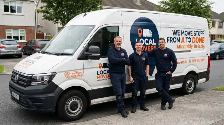 Three smiling local movers stand proudly next to their white van, which reads "Local Movers - We Move Stuff From A To Done Affordably, Reliably." Franchise opportunities are also advertised on the van.